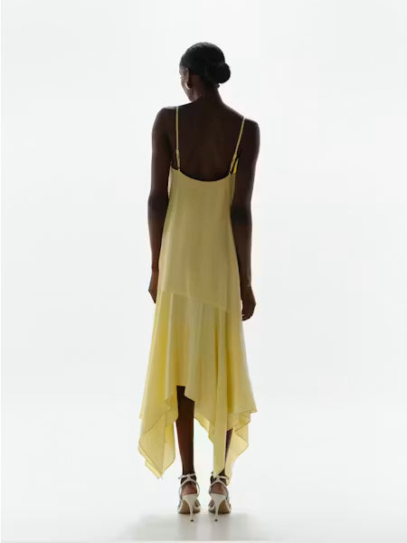 VESTIDO AMARILLO GASA TIRANTES PEDRERIA PICOS