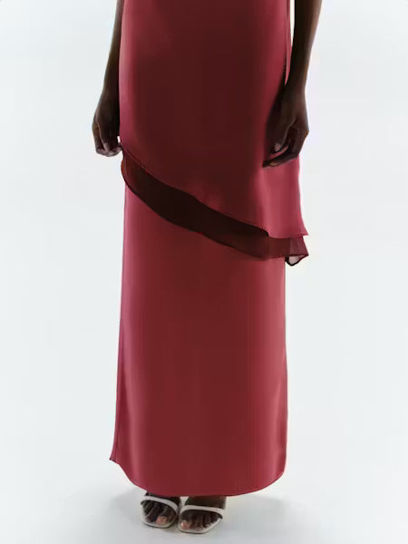 VESTIDO ROJO ASIMETRICO STRAPLESS ESTOLA