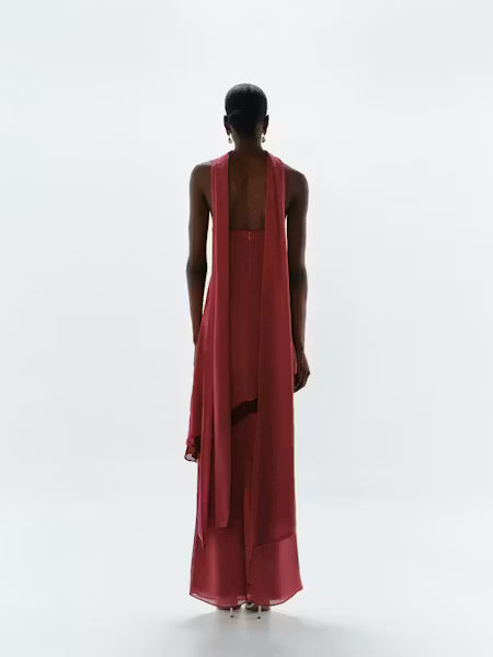 VESTIDO ROJO ASIMETRICO STRAPLESS ESTOLA